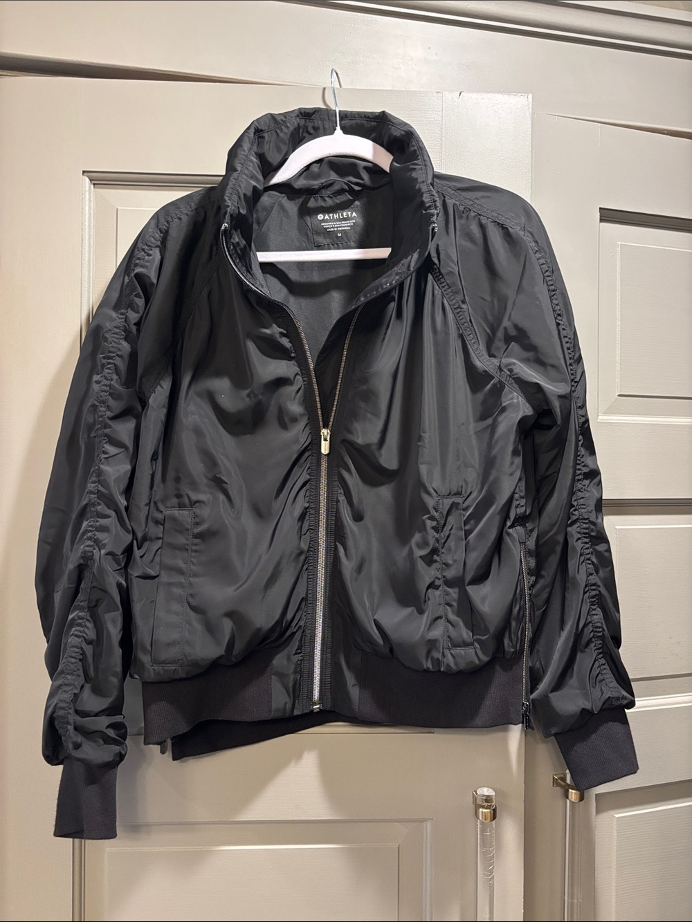 Athleta Black Ruched-Sleeve Bomber Jacket